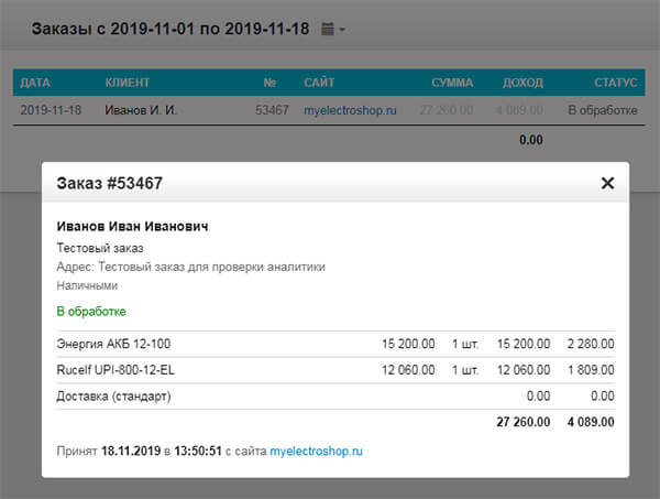 Google Аналитика: Тестовый заказ в статистике партнерской программы